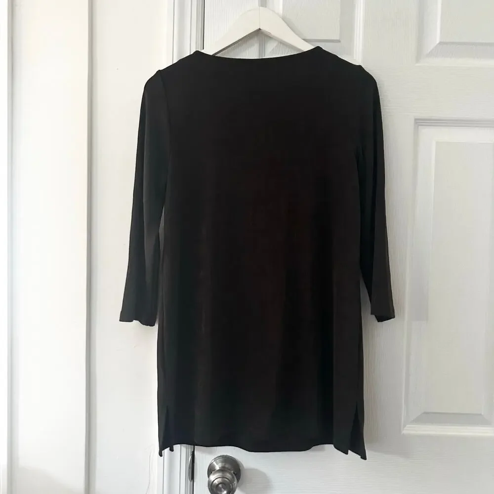 Travelers Chico's Chocolate Brown 3/4 Sleeve Slinky Tunic Top Laced Gold Chain 0 - Picture 7 of 7